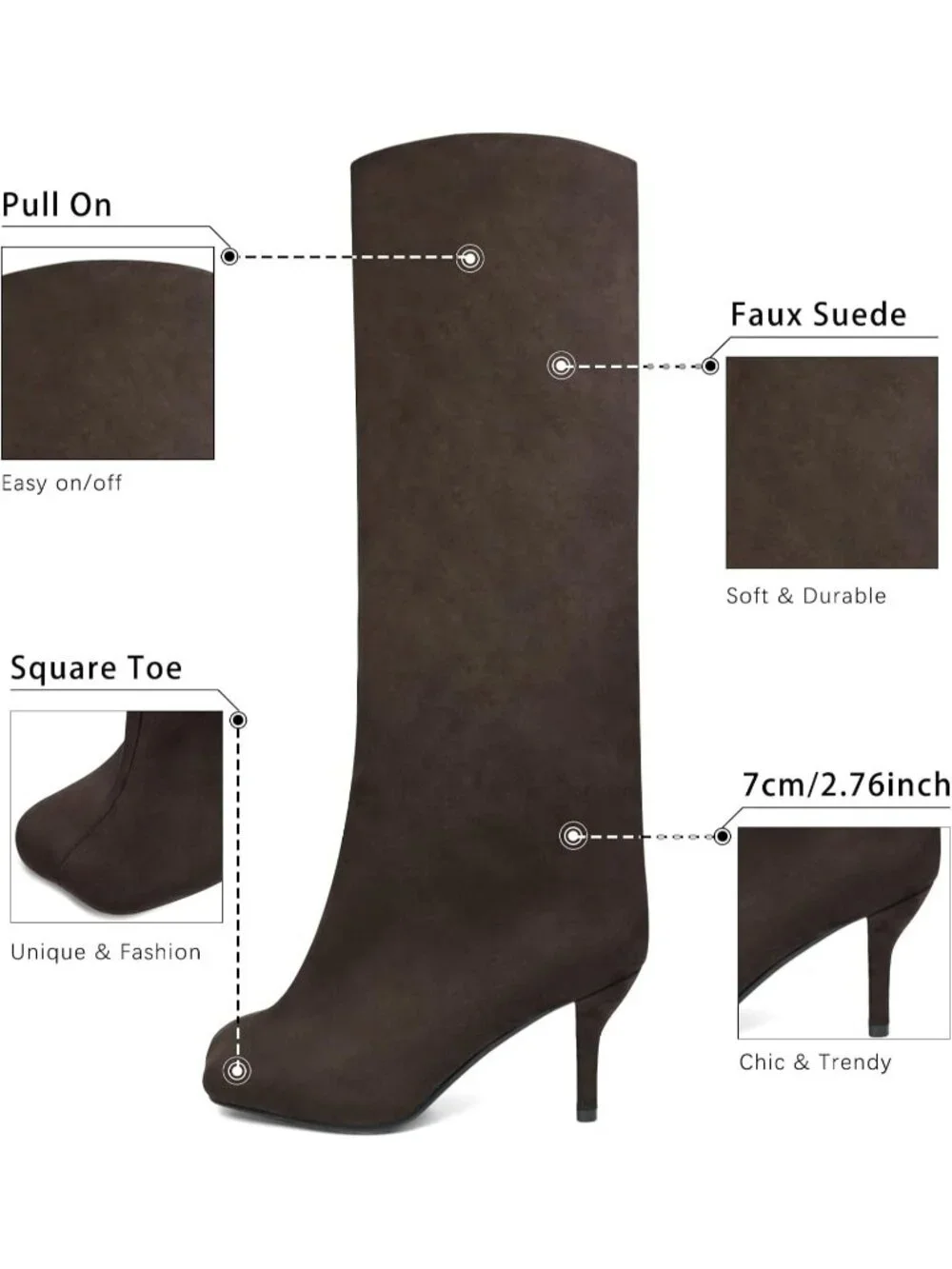 Women's Brown Faux Suede comfort Square Toe Kitten Heel Pull On Knee High Boots